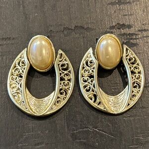 Intricate Elegant Door Knocker Gold and Cream Filigree Pierced Dangle Earrings